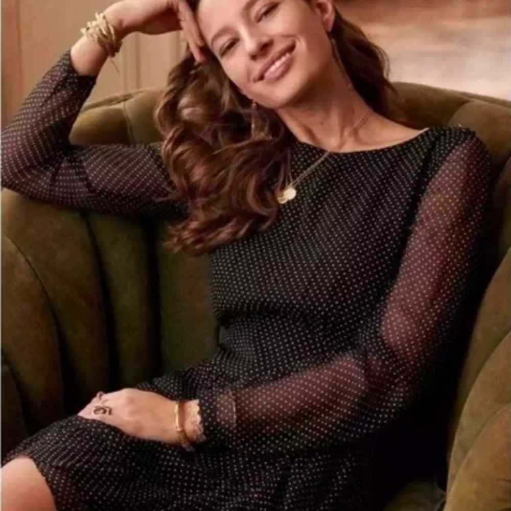 SEZANE Doria 100% Silk Chiffon Mini Dress, Black and Ecru Polka Dots, FR Size 40